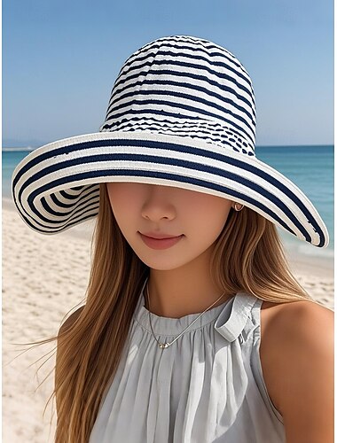  Women's Foldable Wide Brim Sun Hat – Black and White Striped Beach Hat, Packable UV Protection Summer Hat for Travel, Vacation & Outdoor Activities