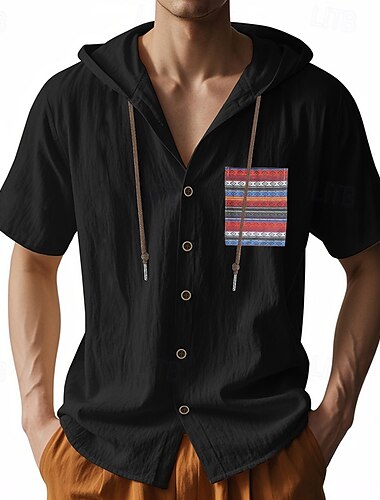  Herren Hemd leinenhemd Sommerhemd Strandbekleidung Knopfhemd Einfarbig Urlaub Straße Schwarz Weiß Marineblau Himmelblau Kurze Ärmel Mit Kapuze Sommer Frühling Bekleidung Patchwork