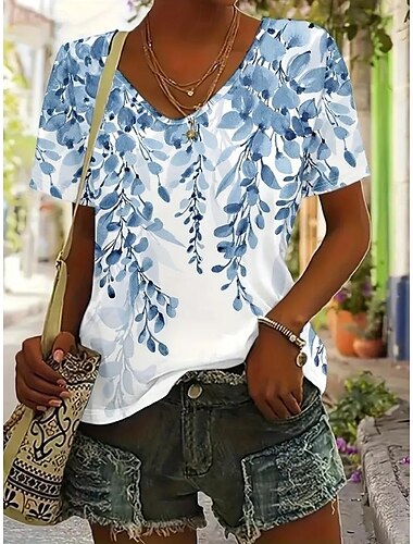  Dames T-shirt Bloemig Grafisch Planten Vintage Tropisch Hawaii Mouwloos V-hals Normale tops Dagelijks Afdrukken Grasgroen Wit blauw Groen Licht Blauw Zomer Lente
