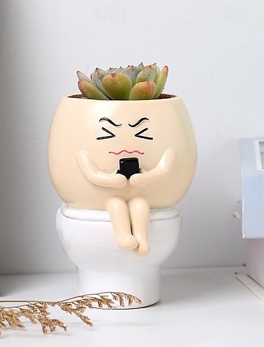  Pot de fleurs succulentes amusant assis sur les toilettes, figurine de plante verte mignonne et créative, décoration amusante pour bureau ou salle d'étude, pot de fleurs succulentes anti-stress pour