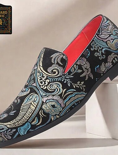  mocassins à enfiler en tissu jacquard pour hommes - style vintage avec motif floral, semelle souple confortable, idéal pour les événements formels
