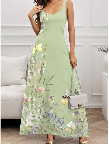  Damen Maxikleid A Linie Kleid Sommerkleid Schulterfreies Kleid Urlaub Lässig Party Date Normale Passform Blumen Grafik Ärmellos Quadrathals Weiß Blau Grün Dunkelblau Sommer Frühling