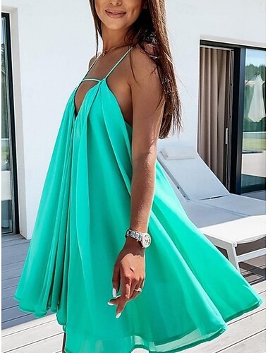  Damen Minikleid Unterkleid Schulterfreies Kleid Urlaub Lässig Boho Outdoor Cocktailparty Ausgehen Normale Passform Einfarbig Grafik Ärmellos Spaghettiträger Hellblau Rosa Sommer