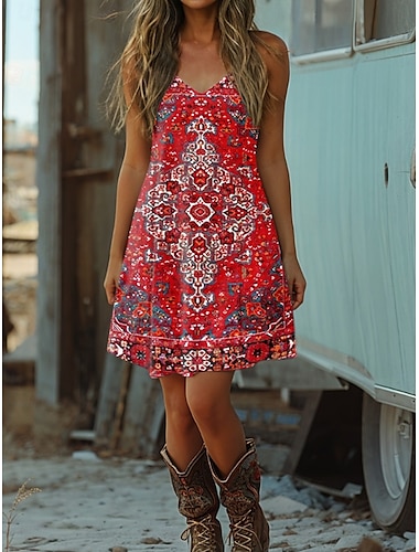  Dames Boho Jurk Westerse Jurk Vintage Mini Jurk Zomer Jurk A-lijn Jurk Slip Jurk Off The Shoulder Jurk Vakantie Casual Boho Uitgaan Strand Reguliere Pasvorm Graphic Geometrisch Tribaal Mouwloos V Hals