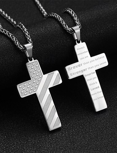  Freiheitskreuz-Anhänger, Ostergeschenk für ihn, Edelstahl-Halskette mit amerikanischer Flagge, eingraviertes inspirierendes Zitat, patriotischer christlicher Schmuck, 61 cm lange Weizenkette, Geschenk