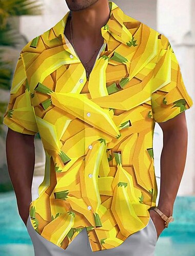  Herren Frucht Optische Täuschung Banane Hemd Sommer Hawaiihemd Knopfhemd Kurzarm Hawaiianisch Resort Urlaub Ferien Strandbekleidung Sommer Frühling Umlegekragen 3D-Druck Hemden mit Kragen Hellgelb