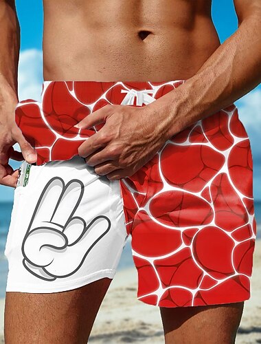  Herren Meerwasser Cartoon-Handabdruck Gefütterte Shorts 2 in 1 Badeshorts Badeshorts Mittlere Taille Hawaiianisch Ferien Strandbekleidung Seitentaschen Mit Kompressionsfutter Elastischer Kordelzug in