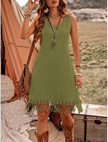 Robe mini femme robe d'été en couleur unie décontractée quotidienne ajustement régulier graphique sans manches col rond vert armée bleu marine marron été