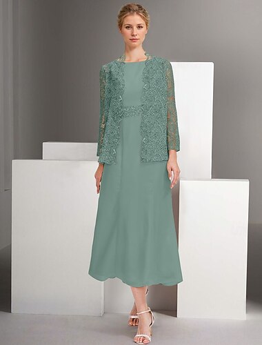  Zweiteilig A-Linie Kleid-Sets Brautmutterkleid Hochzeitsgast Kirche Elegant Rundhalsausschnitt Knöchellänge Chiffon Langarm Jackenkleider mit Spitze Stickerei 2025