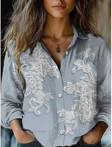  Damen Hemd Blumen Stilvoll Modern Langarm Hemdkragen Normale Oberteile Täglich Ferien Knöpfe Tasche Druck Blau Purpur Khaki Grau Sommer