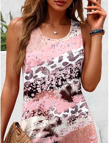  Damen Minikleid Sommerkleid A Linie Kleid Schulterfreies Kleid Urlaub Lässig Boho Party Ferien Formpassend Grafik Leopard Ärmellos U-Ausschnitt Hellrosa Sommer