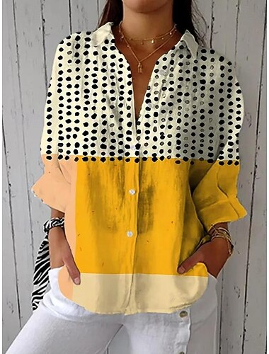  Camicia da Donna Simile a Lino Grafica Geometrica Elegante Moderna Casuale Top Regolari Giornaliera Vacanza Uscita Patchwork s Stampa Giallo Blu Reale Blu Chiaro Primavera