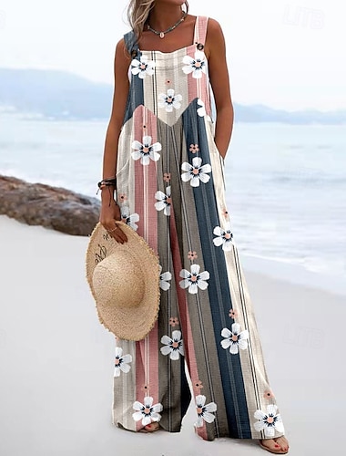  Dames bloemenprint tuinbroek jumpsuit streetwear mouwloos u-hals zak street daily regular fit roze marineblauw lichtgrijs zomer