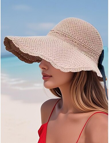  Women's Wide Brim Foldable Straw Sun Hat with Black Bow – Elegant Beach Vacation UV Protection Hat for Summer Travel and Outdoor Wear
