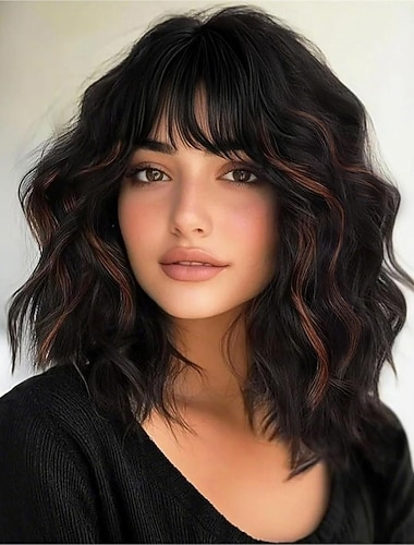 باروكة شعر قصيرة مموجة مع غرة، شعر مستعار أسود بني مختلط للنساء، باروكة شعر قصيرة مجعدة ومموجة مع خصلات، شعر مستعار طبيعي بطول الكتف للنساء للاستخدام اليومي في الحفلات   باروكة شعر قصيرة مموجة مع غرة، شعر مستعار أسود بني مختلط للنساء، باروكة شعر قصيرة مجعدة ومموجة مع خصلات، شعر مستعار طبيعي بطول الكتف للنساء للاستخدام اليومي في الحفلات