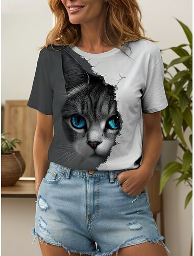  Damen T Shirt Grafik Tiermotiv Katze Vintage Stilvoll Klassisch Kurzarm Rundhalsausschnitt Rundhals Normale Oberteile Täglich Wochenende Druck Weiß und grau Sommer Frühling
