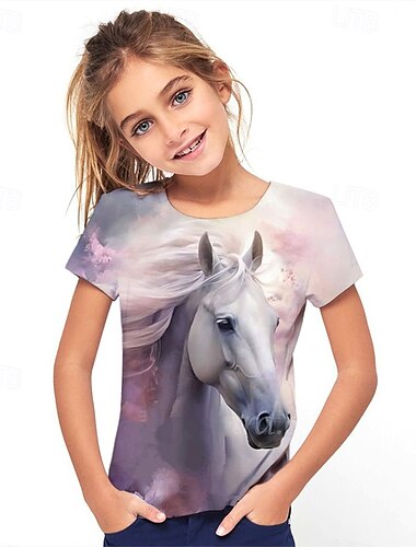 Mädchen 3D Pferd T-Shirt Kurzarm Sommer Frühling Mode Basic Kinder 4-12 Jahre Rundhalsausschnitt Outdoor Lässig Täglich Normale Passform