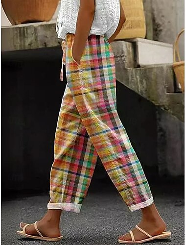  Damernas bomullslinbyxor baggy byxor linne liknande strandshorts semester vintage mode hel längd hög midja grafisk geometrisk rutmönster tryck andningsbar mjuk mikroelastisk semester avslappnad