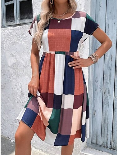  Damen Minikleid A Linie Kleid Lässig Outdoor Ausgehen Normale Passform Karomuster Kurzarm Rundhalsausschnitt Blau Orange Sommer