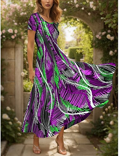  Women's Maxi Dress Casual Dress A Line Dress Summer Dress Vacation Vintage Ethnic Regular Fit Graphic Geometric Abstract Short Sleeve Square Neck Scoop Neck Blue Purple Green Summer Spring