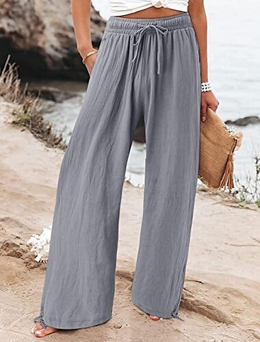  Frauen Weite Bein Chinos Baggy Hose Urlaub Vintage Basic Voll Länge Hohe Taille Einfarbig Tasche Elastischer Bund Bequem Weich Angenehm Mikro-elastisch Formal Urlaub Straße Schwarz Grün Beige Grau