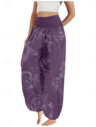  Damen Leinen-inspirierte Hosen Weites Bein Hosen Hose Ethno-Stil Lässig Boho Volle Länge Hohe Taille Blumen Tasche Elastischer Bund Drucken Atmungsaktivität Weich Mikroelastisch Outdoor Yoga Waldgrün