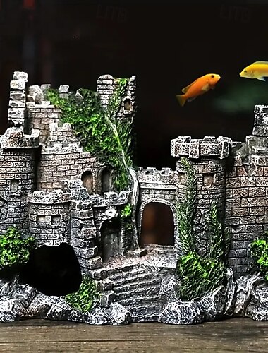  Vintage hars kasteel aquarium ornamenten - realistisch middeleeuws landschap met mos bedekt, perfecte schuilplaats voor een aquarium