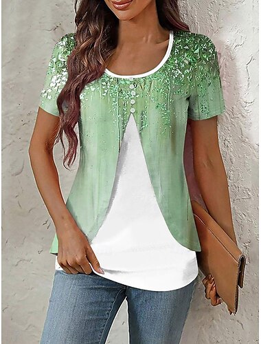 Damen T Shirt Ombre Grafik Marmor Elegant Stilvoll Kurzarm Rundhalsausschnitt Rundhals Normale Oberteile Täglich Ausgehen Patchwork Knöpfe Gestuft Rosa Blau Purpur Grün Sommer Frühling