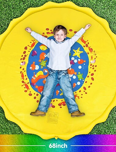  68 Zoll große Wasserspielmatte für den Außenbereich, mehrfarbiges Meereslebewesen-Design, strapazierfähiges PVC-Spritzpad mit Sprinklerfunktionen, rutschfest &aufblasbar, ideal für Rasen und Garten,