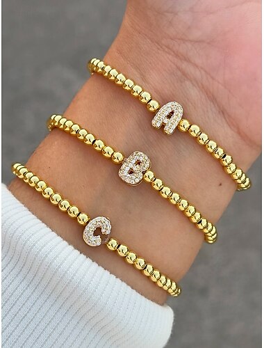  Bracelet initial en perles d'or pour femme - bijoux à breloques alphabet personnalisés, design élastique réglable et extensible, style élégant, adapté aux cadeaux de remise de diplôme, aux anniversaires et à un usage quotidien