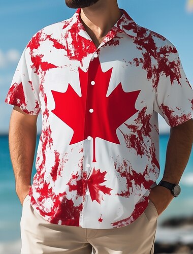  Men's Canada Maple Leaf National Flag Shirt Summer Shirt Button Up Shirt Short Sleeve Fashion Casual Outdoor Vacation Dailywear Summer Spring Turndown 3D Print Collared Shirts White