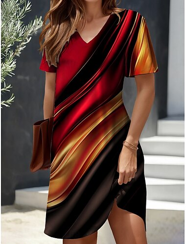  Damen Minikleid Lässiges Kleid Sommerkleid A-Linien-Kleid Sommerkleid Elegant Urlaub Stylisch Regelmäßige Passform Ombre Grafik Abstrakt Kurzarm Rundhalsausschnitt Rot Sommer