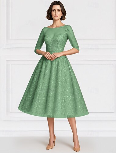  Blau A-Linie Brautmutterkleid Elegantes Vintage Illusion Ausschnitt Knöchellang Chiffon Halbarm mit Pailletten Stickerei Midi Kleid 2025