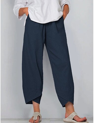  Pantaloni in Cotone Lino per Donna Pantaloni Baggy Chinos Simile Lino Moda Base Lunghezza Completa Vita Media Tasche Semplici Coulisse Comfort All'aperto Micro-elastico Vacanza Strada Quotidiano