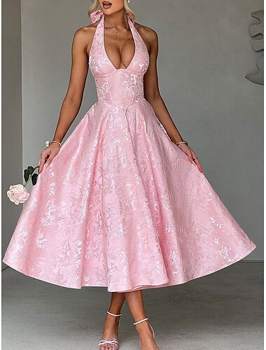  A-Line rosa klänning jacquard klänning semi-formell cocktailklänning bröllop midi längd ärmlös halterneck rosett backless med snörningsdetalj bröllopsgästklänning 2025