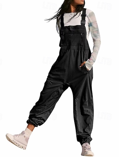  Mono de mujer de color liso con peto, ropa de calle, sin mangas, cuello en U, bolsillo, corte regular, para uso diario, en negro, blanco y rosa, para verano.