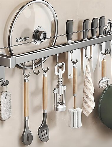  Multifunktionales Küchenregal mit Saugnapf, ABS, Aluminium, Haken-Aufhängestange &an der Wand montierter Messerhalter, Schaufelaufhänger, Topfdeckelhalter, Komplettlösung zur Aufbewahrung von