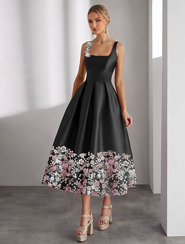  Rosa Formales Floral A-Linie Cocktailkleider Elegantes Kleid Hochzeitsgast Knielänge Ärmellos Boot-Ausschnitt Tasche Satin mit Blumenmuster Stickerei Tasche Derbykleider 2025