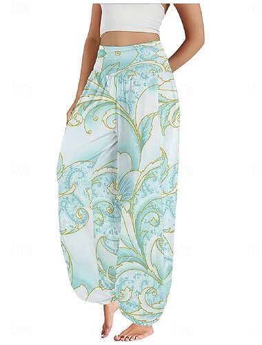  Mulheres Calças inspiradas em linho Perna larga Calças Estilo Étnico Casual Boho Comprimento total Cintura Alta Floral Bolsos Cintura elástica Estampado Respirabilidade Macio Micro-Elástica Ao ar