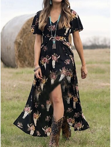  Robe boho femme robe western robe maxi vintage robe évasée robe d'été vacances décontracté boho ajustement régulier graphique à manches courtes col en V noir été