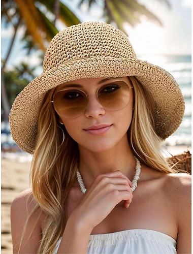  Dames zonnehoed van stro met brede rand en strik, opvouwbare strandhoed voor zomerreizen en buitenvakanties