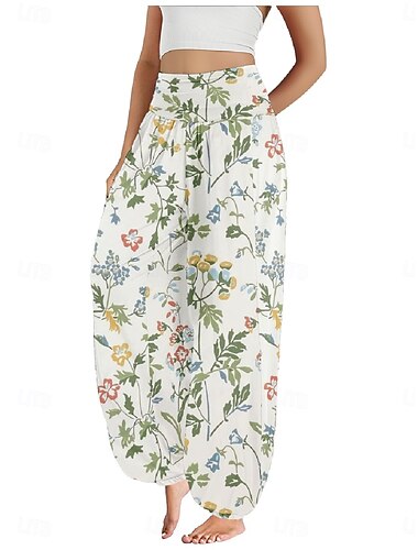  Damen Leinen-inspirierte Hosen Weites Bein Hosen Hose Ethno-Stil Lässig Boho Volle Länge Hohe Taille Blumen Tasche Elastischer Bund Drucken Atmungsaktivität Weich Mikroelastisch Outdoor Yoga Wei