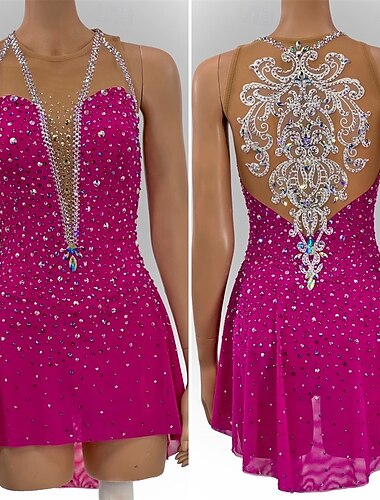  Robe de patinage artistique Femmes Fille Patinage Robe Rose rouge Patchwork Ourlet asymétrique Maille Spandex Haute Élasticité Entraînement Compétition Tenue de Patinage Classique cristal pailleté
