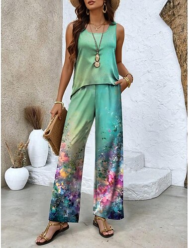  Completi da donna pantaloni moda vacanze quotidiano senza maniche scollo a U floreale grafico casual quotidiano weekend verde chiaro blu verde estate regular fit