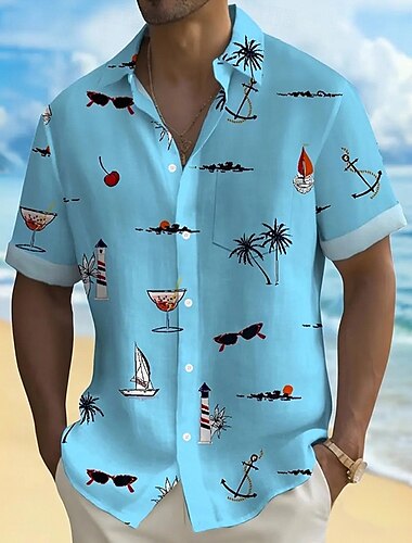  Herren Kokospalme Tropische Pflanzen Sommer Hawaiihemd Knopfhemd Alohahemd Kurzarm Hawaiianisch Resort Urlaub Ferien Strandbekleidung Sommer Frühling Umlegekragen Hemden mit Kragen Schwarz Weiß Blau