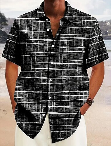  Herren Geometrisch Karo / Karomuster Hemd Freizeithemd Knopfhemd Kurzarm Modisch lässig Outdoor Urlaub Alltagskleidung Sommer Umlegekragen 3D-Druck Eine Tasche vorne Leinenähnliches Hemd Schwarz Blau