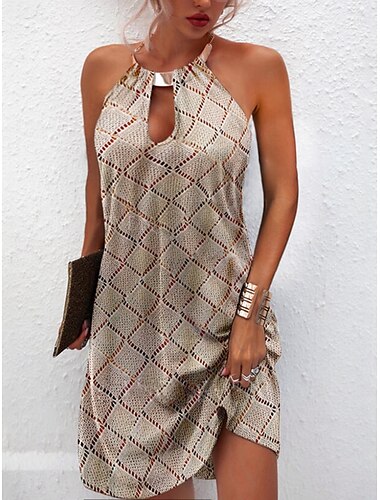  Women's Mini Dress A Line Dress Halter Dress Off The Shoulder Dress Vacation Casual Boho Outdoor Going out Beach Regular Fit Graphic Sleeveless Halter Neck Khaki Summer