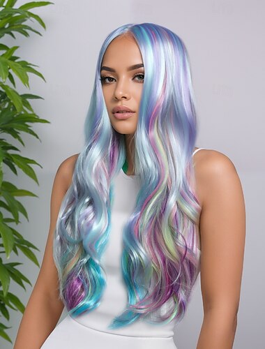  Women's Synthetic Wavy Wig 26 Inch Bouncy Curl Middle Part Deep Parting Machine Made Gradient Mixed Color A1 Comfortable Classic Hair