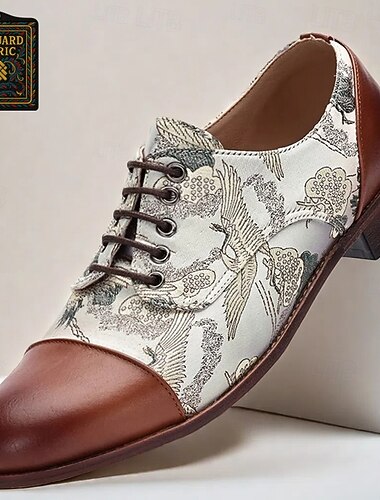  chaussures oxford en similicuir et jacquard pour hommes - chaussures habillées à lacets vintage avec imprimé grue pour tenues formelles et décontractées