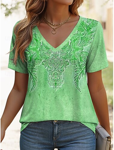  Damen T Shirt Grafik Geometrisch Paisley-Muster Vintage Ethnisch Lässig Kurzarm V Ausschnitt Normale Oberteile Täglich Druck Blau Purpur Grün Sommer Frühling